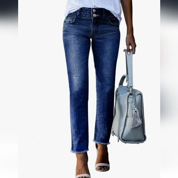 Amazon Straight Jeans, High Waist, Zip & Double Button, Dark Wash, Rough Hem, 8 - Picture 10 of 12